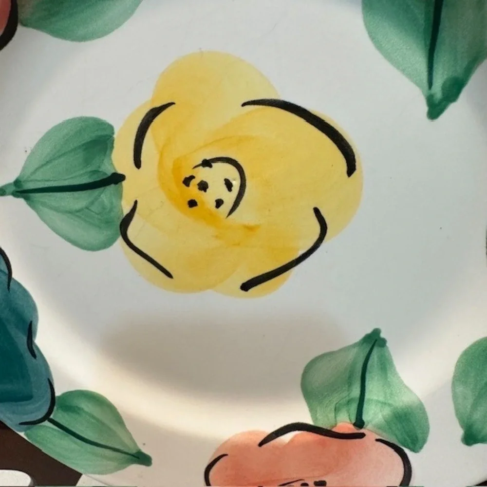 Pier 1 Handpainted Portugal Ceramic Plate Floral Yellow‎ Blue Pink Green